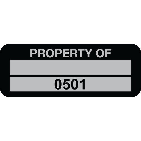 Lustre-Cal Property ID Label PROPERTY OF 5 Alum Black 2in x 0.75in 1 Blank Pad & Serialized 0501-0600, 100PK 253740Ma2K0501 - main